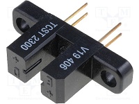 optoe electronics-شکل یک اپتوکوپلر شیاردار که اگر شیئی از شیار آن عبور کند تحریک می شود